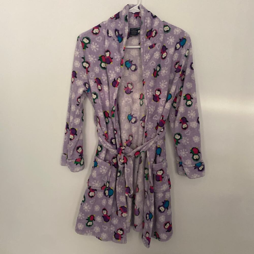 Faded Glory Girls L 10-12 Purple Penguin Holiday Robe Fleece Tie Belt Size L